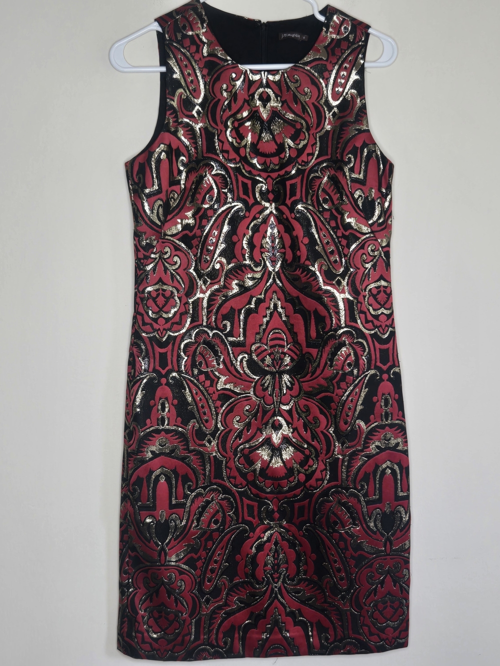 J. McLaughlin Red, Black & Gold Metallic Jacquard Mini Dress